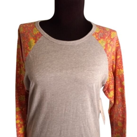 LuLaRoe S Randy Raglan Baseball Tee Shirt Gray Orange Floral 3/4 Sleeves NEW - Picture 2 of 8